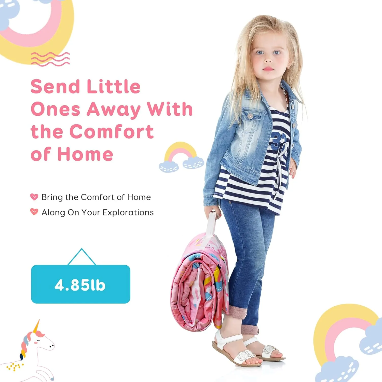 Sivio Nap Mat Weighted Blanket 3lbs, Weighted Nap Mat Blanket with Detachable Pillow, 50 x 20 Inches, Pink Unicorn
