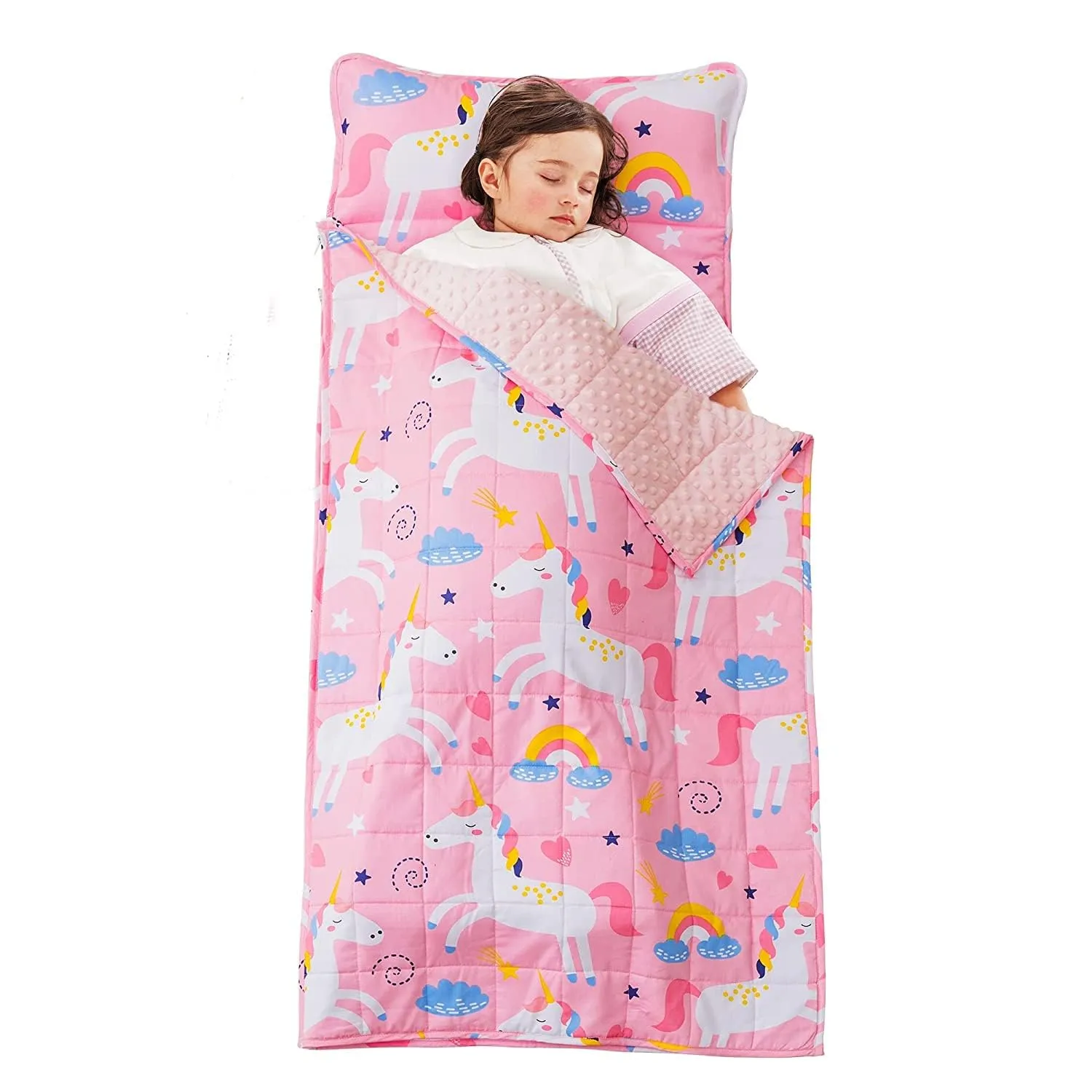 Sivio Nap Mat Weighted Blanket 3lbs, Weighted Nap Mat Blanket with Detachable Pillow, 50 x 20 Inches, Pink Unicorn
