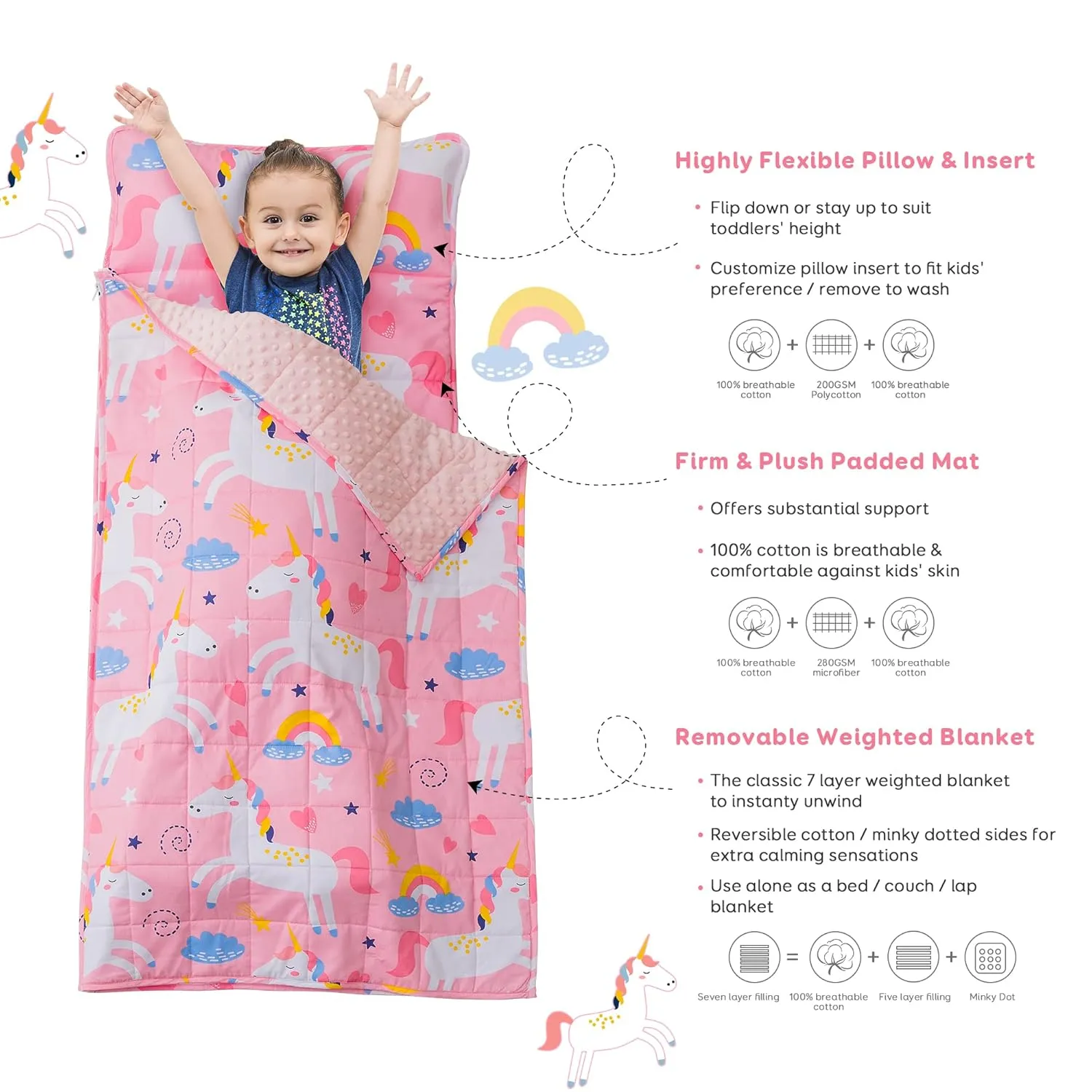 Sivio Nap Mat Weighted Blanket 3lbs, Weighted Nap Mat Blanket with Detachable Pillow, 50 x 20 Inches, Pink Unicorn