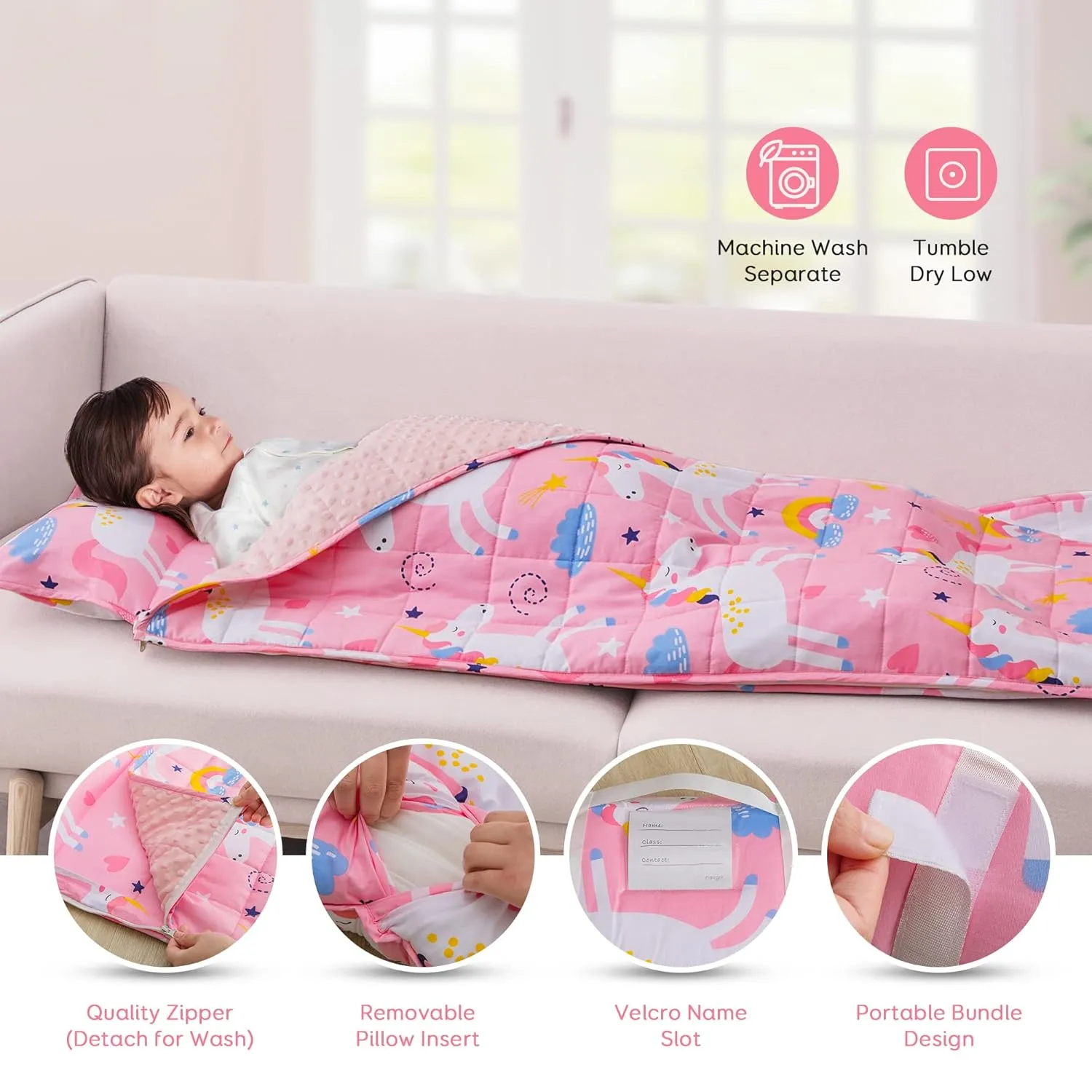 Sivio Nap Mat Weighted Blanket 3lbs, Weighted Nap Mat Blanket with Detachable Pillow, 50 x 20 Inches, Pink Unicorn