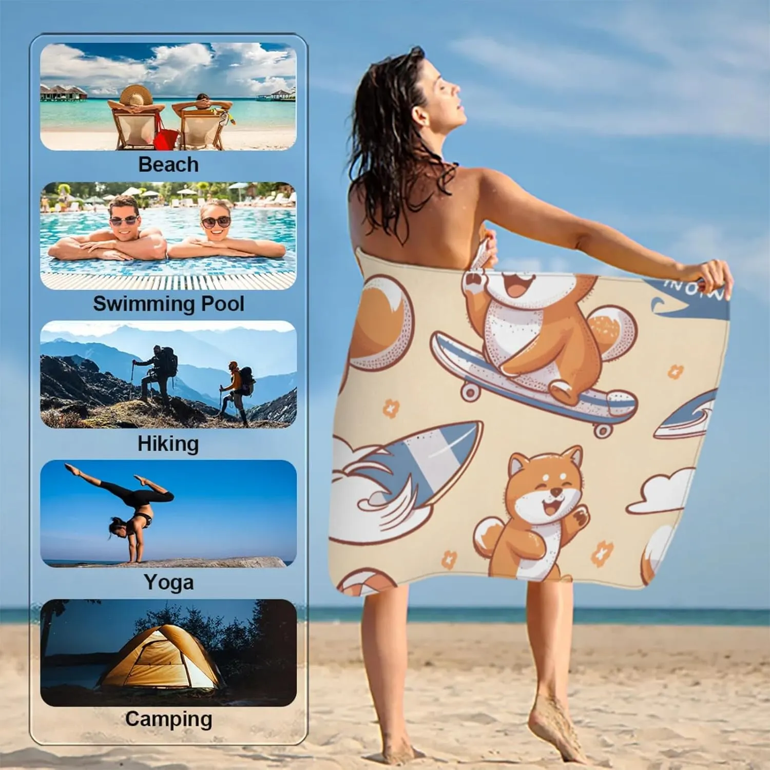 Skateboarding Dog Beach Towel,Oversized Microfiber Sand Free Lightweight Quick Dry Bath Blanket for Women Men, Travel Blanket Vacation Essentials Gift for Friends and Family 30" x 60"
