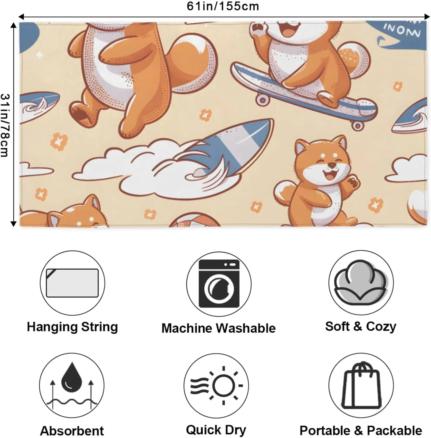 Skateboarding Dog Beach Towel,Oversized Microfiber Sand Free Lightweight Quick Dry Bath Blanket for Women Men, Travel Blanket Vacation Essentials Gift for Friends and Family 30" x 60"