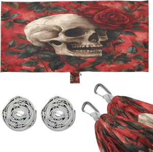 Skull and Roses Camping Hammock, Single Portable Hammocks with Tree Straps & Attached Carry Bag, 330Lbs Capacity Perfect for Outside Indoor Hiking Beach Backpack Travel