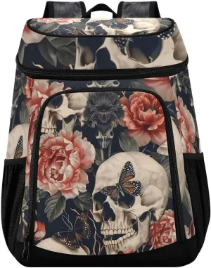 Skull Peony Butterfly Skeleton Cooler Backpack Insulated Leak Proof Beach Cooler Bag 30 Cans Waterproof Lightweight Soft Lunch Picnic Hiking Camping Backpack Cooler for Men Women