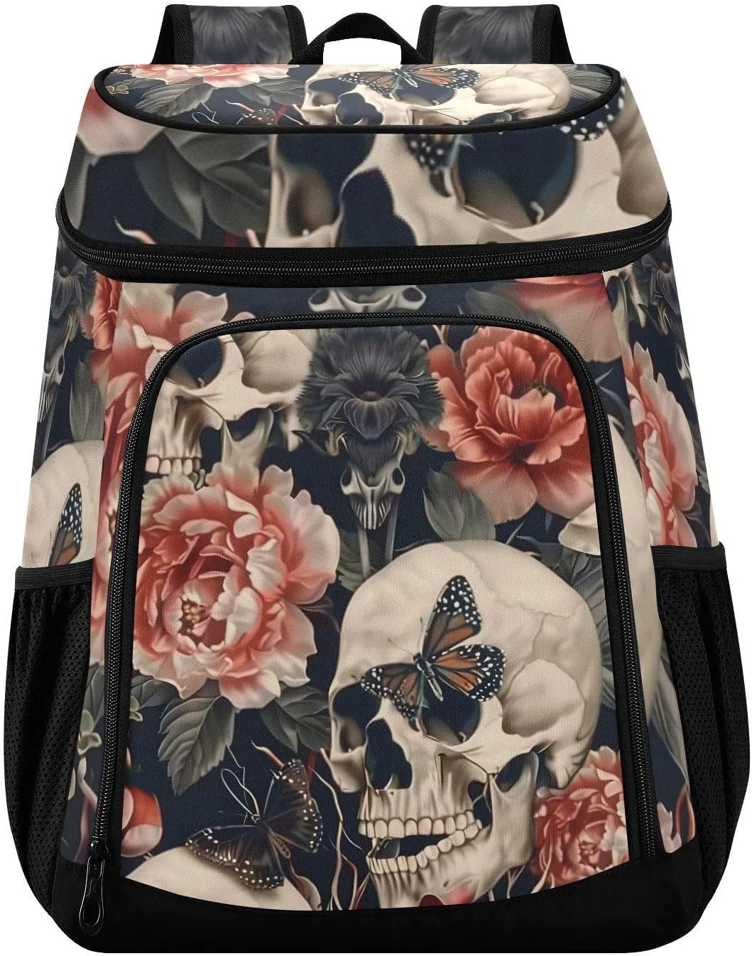 Skull Peony Butterfly Skeleton Cooler Backpack Insulated Leak Proof Beach Cooler Bag 30 Cans Waterproof Lightweight Soft Lunch Picnic Hiking Camping Backpack Cooler for Men Women