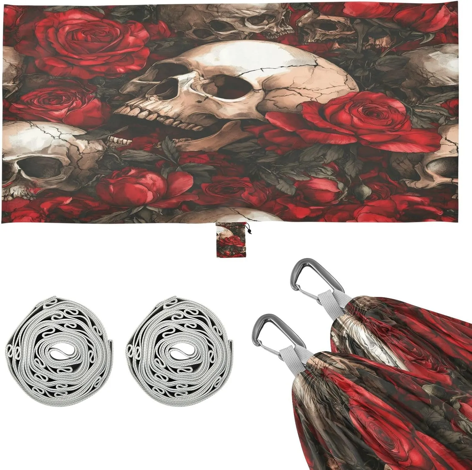 Skulls and Roses Camping Hammock, Single Portable Hammocks with Tree Straps & Attached Carry Bag, 330Lbs Capacity Perfect for Outside Indoor Hiking Beach Backpack Travel