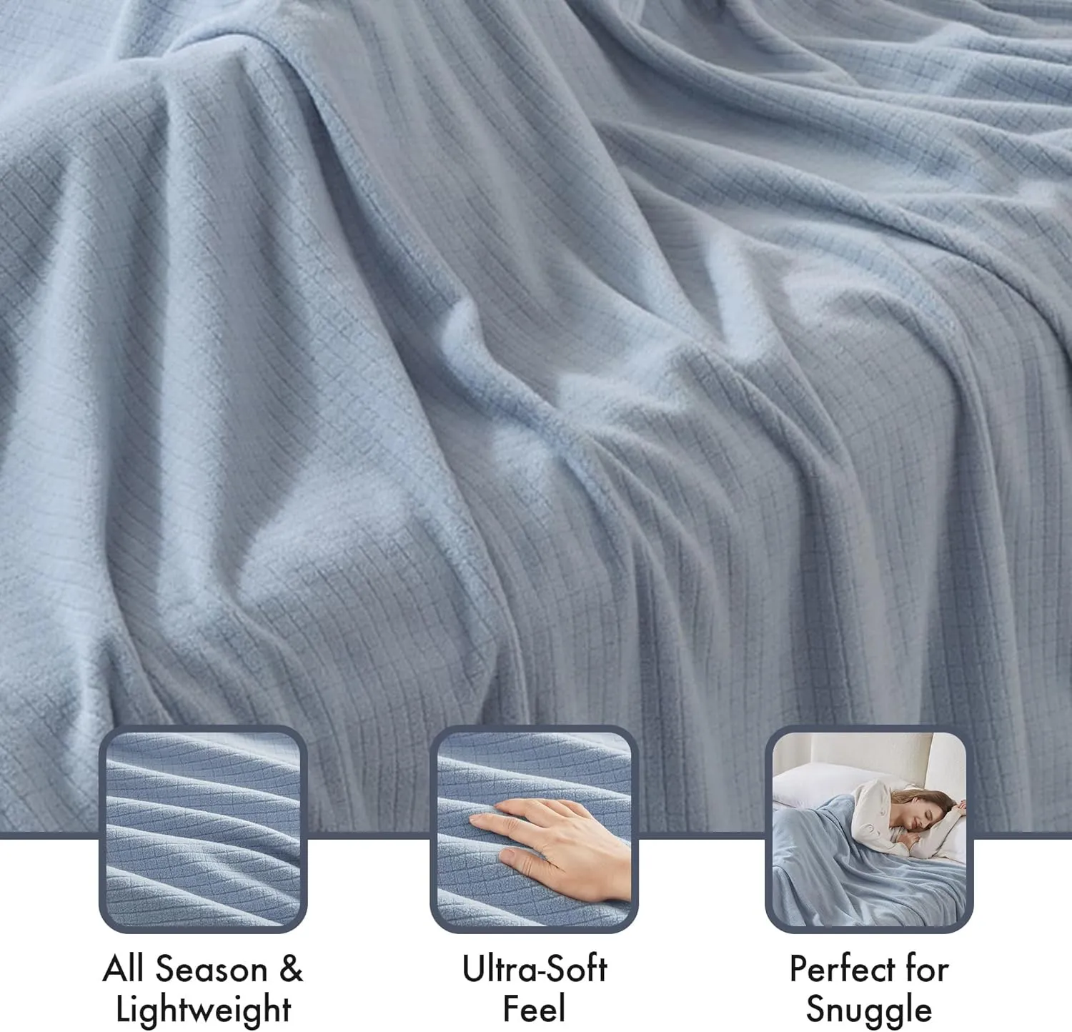 Sleep Philosophy True North Twin Luxury Cozy Microfleece Blanket Grid Pattern Reversible Soft & Warm, All Season Lightweight Twin Blanket, Farmhouse Room Décor Summer Blanket, Twin, Blue