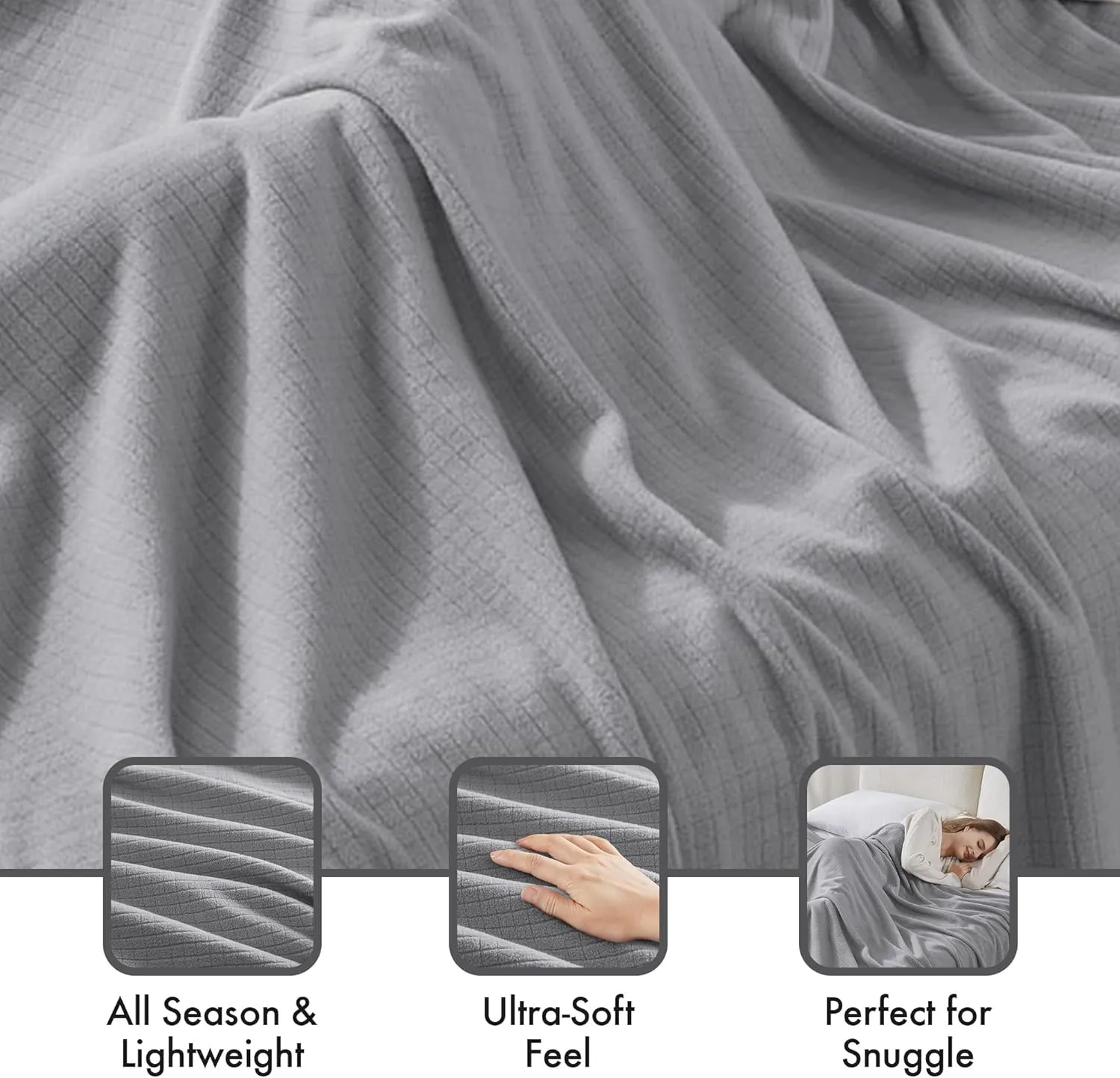 Sleep Philosophy True North Twin Luxury Cozy Microfleece Blanket Grid Pattern Reversible Soft & Warm, All Season Lightweight Twin Blanket, Farmhouse Room Décor Summer Blanket, Twin, Grey