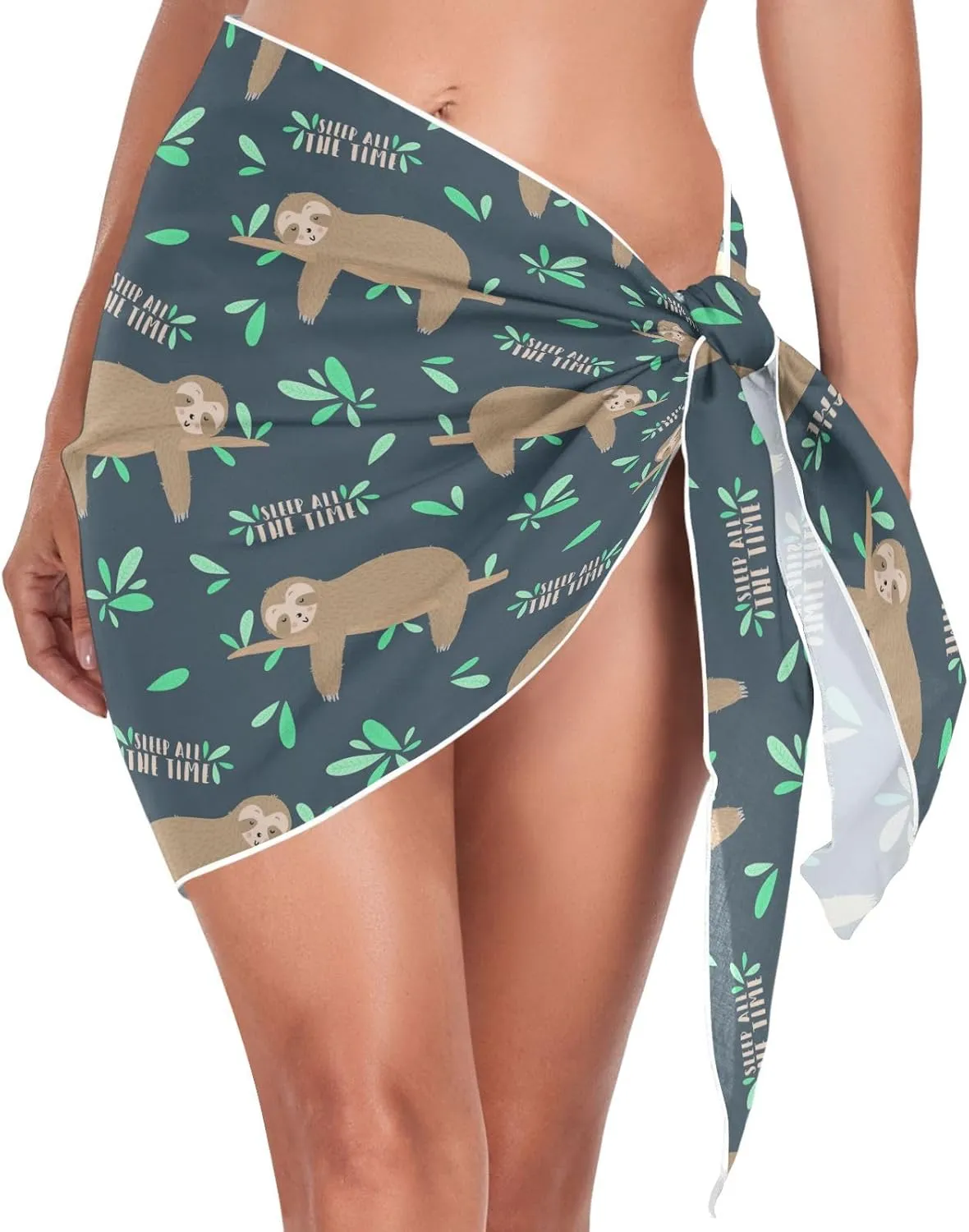 Sleepy Cute Sloths Night Women's Swimwear Cover Ups Branch Green Leaves Sarong Beach Bikini Coverups S