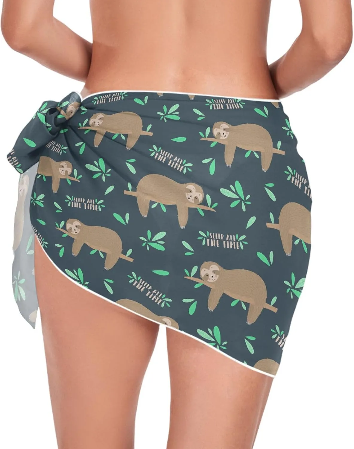 Sleepy Cute Sloths Night Women's Swimwear Cover Ups Branch Green Leaves Sarong Beach Bikini Coverups S