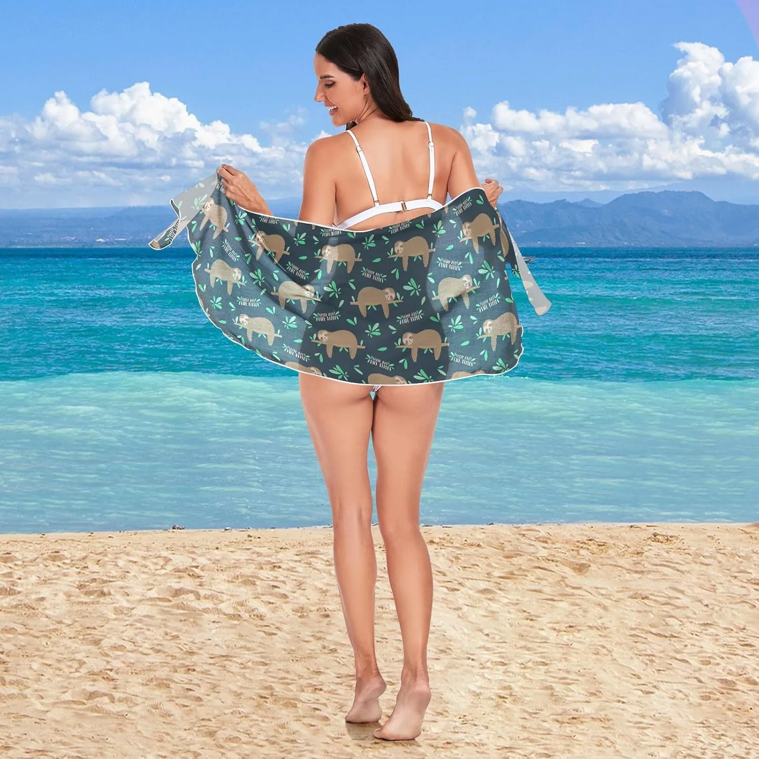 Sleepy Cute Sloths Night Women's Swimwear Cover Ups Branch Green Leaves Sarong Beach Bikini Coverups S