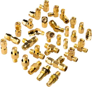 SMA Connectors Kit 30 Type SMA RP-SMA Male Female Adapter, T-Type 90° 45° Straight SMA Adapter Goldplated Brass RF Coax Set for FPV Baofeng Antennas Radio Yaesu IP Camera SDR
