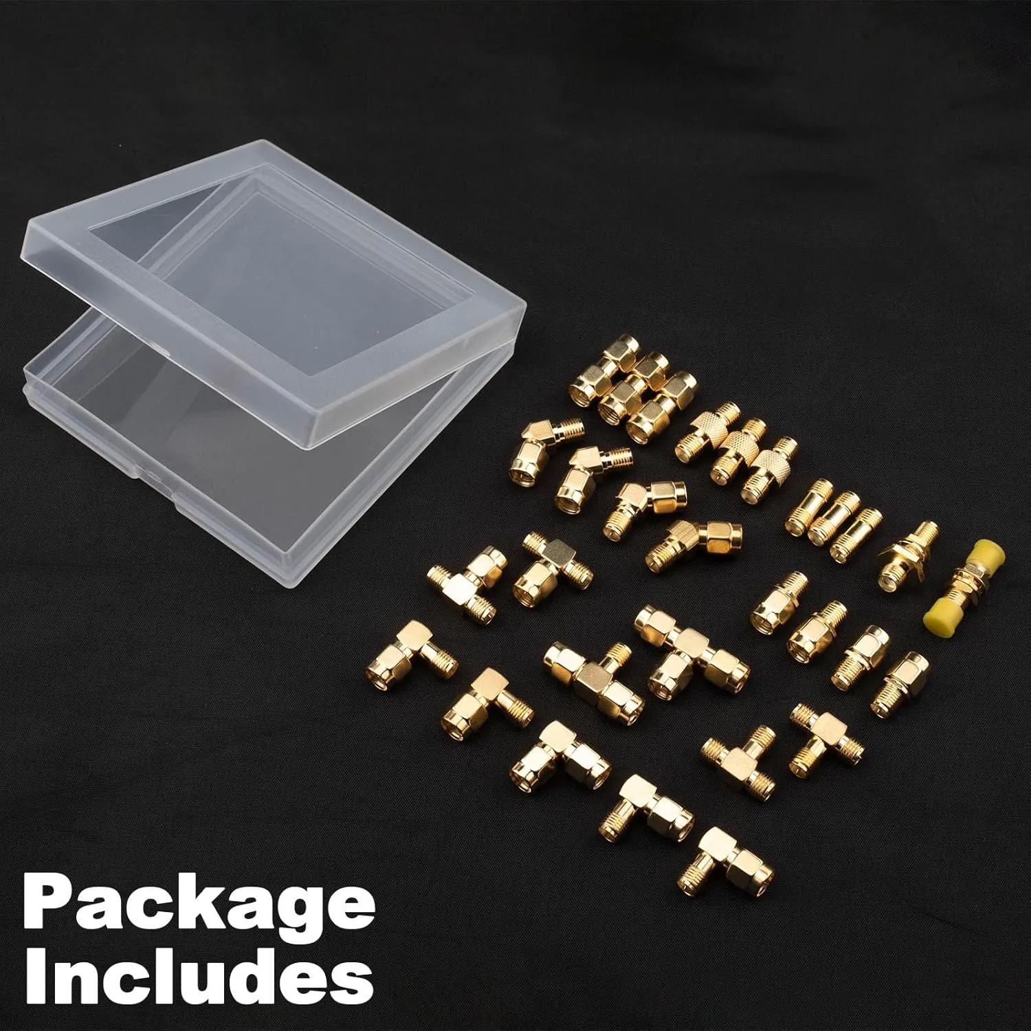 SMA Connectors Kit 30 Type SMA RP-SMA Male Female Adapter, T-Type 90° 45° Straight SMA Adapter Goldplated Brass RF Coax Set for FPV Baofeng Antennas Radio Yaesu IP Camera SDR