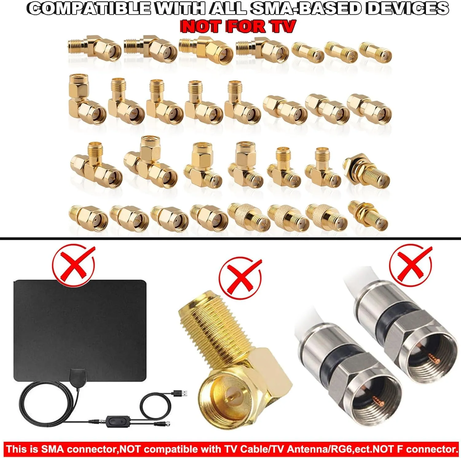 SMA Connectors Kit 30 Type SMA RP-SMA Male Female Adapter, T-Type 90° 45° Straight SMA Adapter Goldplated Brass RF Coax Set for FPV Baofeng Antennas Radio Yaesu IP Camera SDR