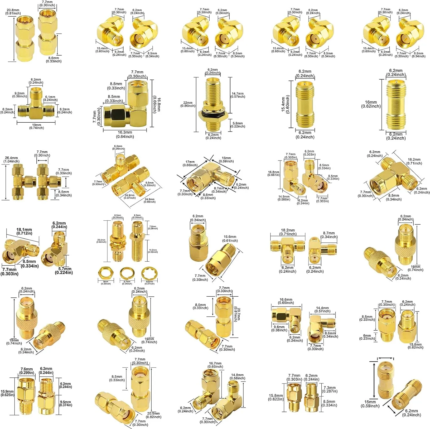 SMA Connectors Kit 30 Type SMA RP-SMA Male Female Adapter, T-Type 90° 45° Straight SMA Adapter Goldplated Brass RF Coax Set for FPV Baofeng Antennas Radio Yaesu IP Camera SDR
