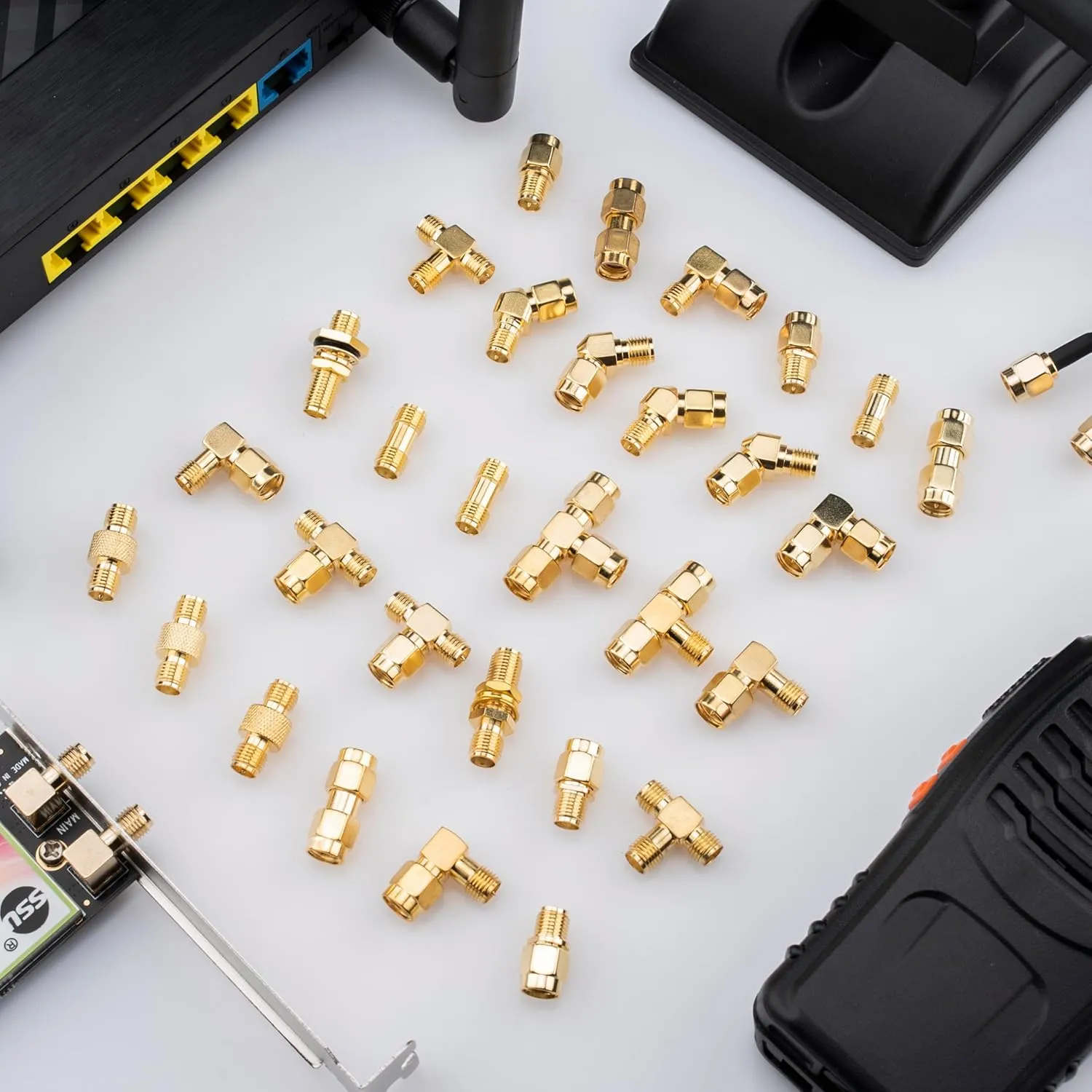 SMA Connectors Kit 30 Type SMA RP-SMA Male Female Adapter, T-Type 90° 45° Straight SMA Adapter Goldplated Brass RF Coax Set for FPV Baofeng Antennas Radio Yaesu IP Camera SDR