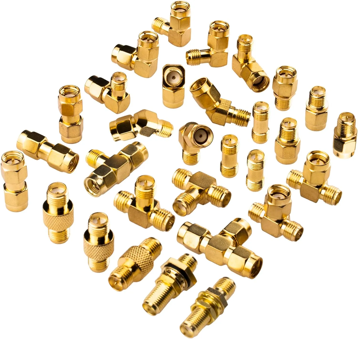 SMA Connectors Kit 30 Type SMA RP-SMA Male Female Adapter, T-Type 90° 45° Straight SMA Adapter Goldplated Brass RF Coax Set for FPV Baofeng Antennas Radio Yaesu IP Camera SDR
