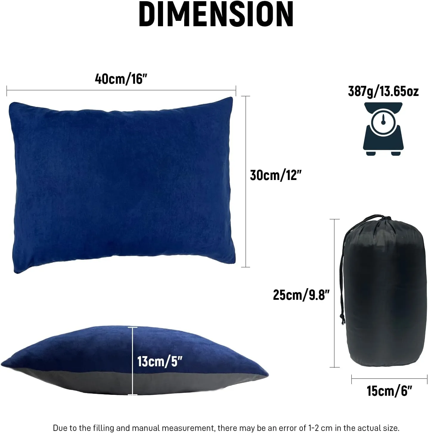 Small Camping Pillow, 12 x 16 Inch Lightweight Portable Compressible Backpacking Pillows for Outdoor Travel Hiking Sleeping, Navy 2 Pack