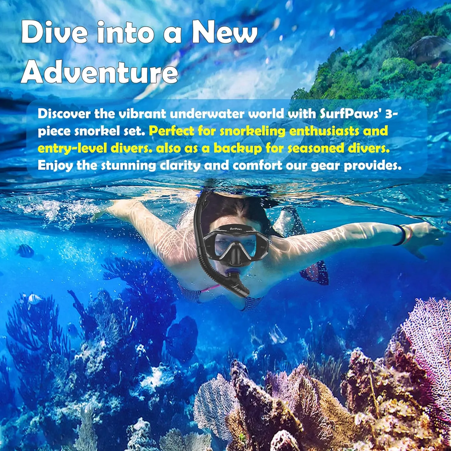 Snorkeling Gear Set - Adjustable Short Fins, Anti-Fog Mask, 3-Piece Dry Top Snorkel, Travel Size with Gear Bag for Adults, Men, Women, Swimming, Diving, Snorkeling