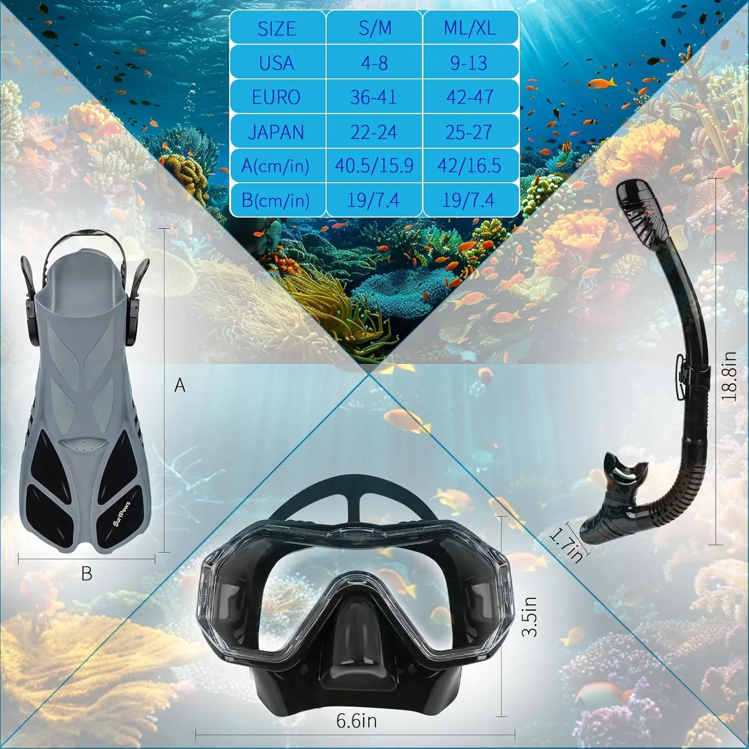 Snorkeling Gear Set - Adjustable Short Fins, Anti-Fog Mask, 3-Piece Dry Top Snorkel, Travel Size with Gear Bag for Adults, Men, Women, Swimming, Diving, Snorkeling