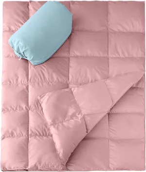 Soft Down Blanket Fluffy Lightweight Warm, Compact Portable Travel Throw Camping Blanket & Pillow Cushion, Airplane Train Beach Glamping Indoor Outdoor, 800 Fill Power 50x70'' Baby Pink