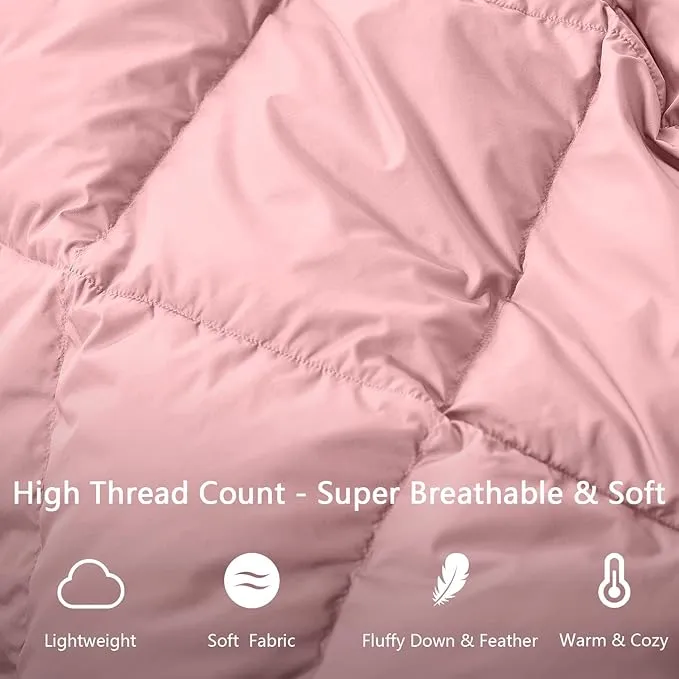 Soft Down Blanket Fluffy Lightweight Warm, Compact Portable Travel Throw Camping Blanket & Pillow Cushion, Airplane Train Beach Glamping Indoor Outdoor, 800 Fill Power 50x70'' Baby Pink