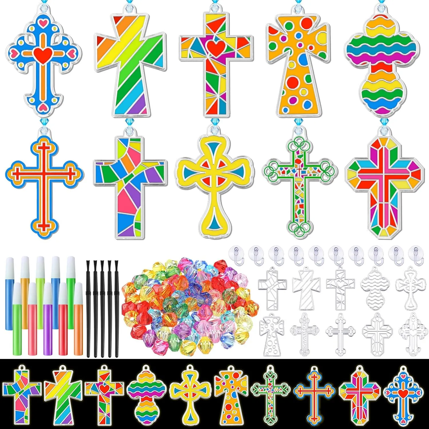 Sonwyoung 30 Sets Vbs Sunday School Cross Suncatchers Craft Kits, DIY Christian Cross Suncatcher Kits Glow in The Dark Stained Glass Window Paint Art for Classroom Religious Activities Party Favors
