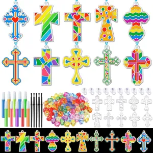 Sonwyoung 30 Sets Vbs Sunday School Cross Suncatchers Craft Kits, DIY Christian Cross Suncatcher Kits Glow in The Dark Stained Glass Window Paint Art for Classroom Religious Activities Party Favors