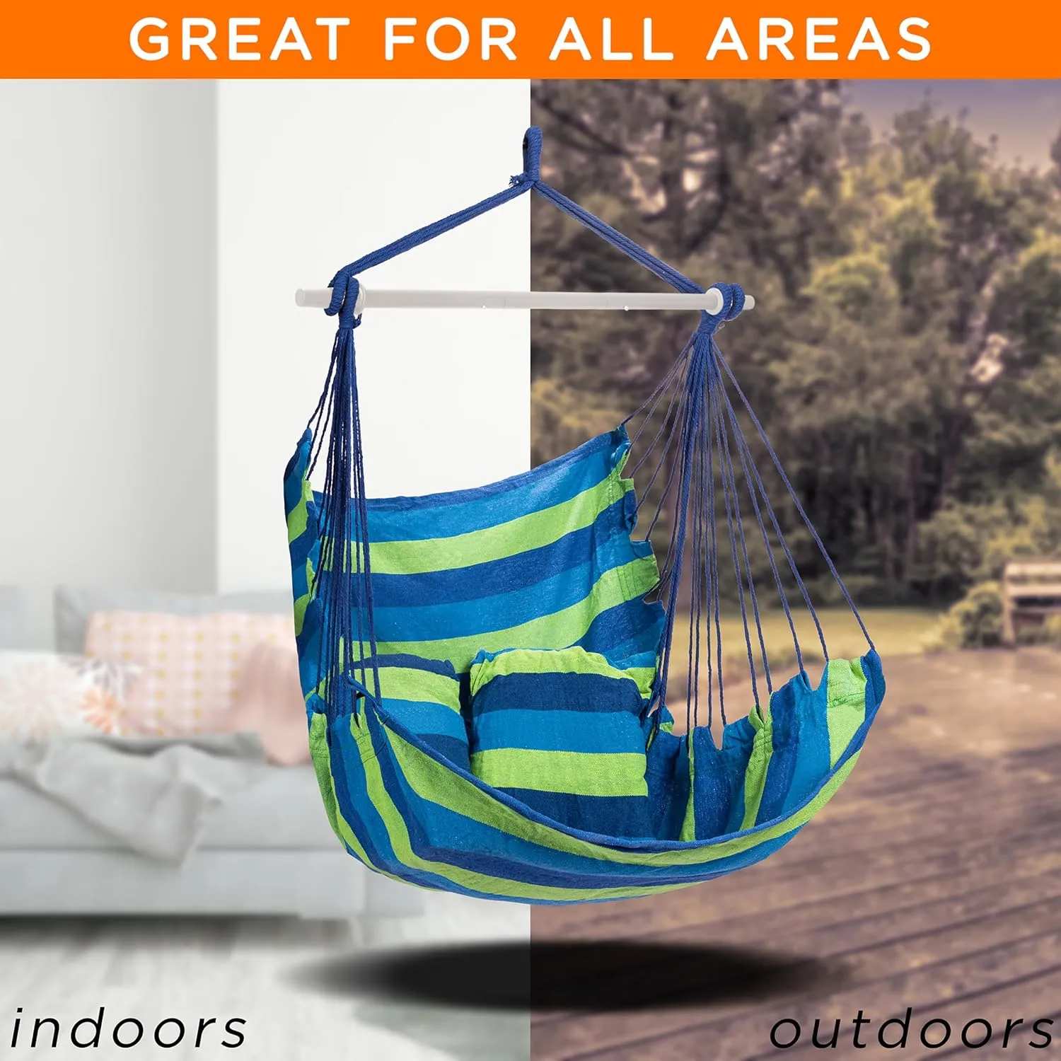 Sorbus Stylish Swing Chair - Fine Cotton Weave for Super Comfort & Durability - Hanging Hammock Chair w/2 Seat Cushions- Portable Outdoor Hanging Chair w/Hardware Kit - Indoor Outdoor Use - Max 265lbs