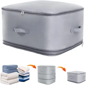 Space saver bag,for quilts, duvets or other fluffy clothing.Measures 21"L x 16.5"W x 21.2"H when unfolded and 21"L x 16.5"W x 10"H when compressed.Light Gray.