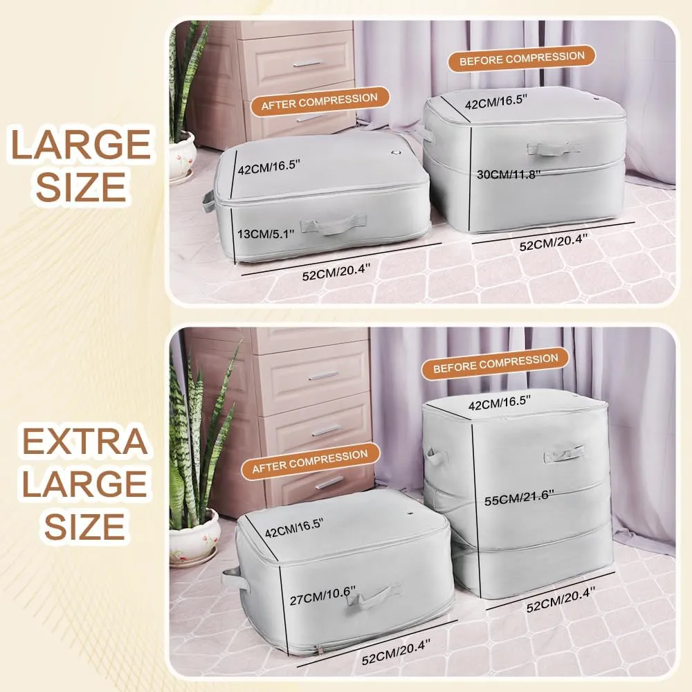 Space saver bag,for quilts, duvets or other fluffy clothing.Measures 21"L x 16.5"W x 21.2"H when unfolded and 21"L x 16.5"W x 10"H when compressed.Light Gray.