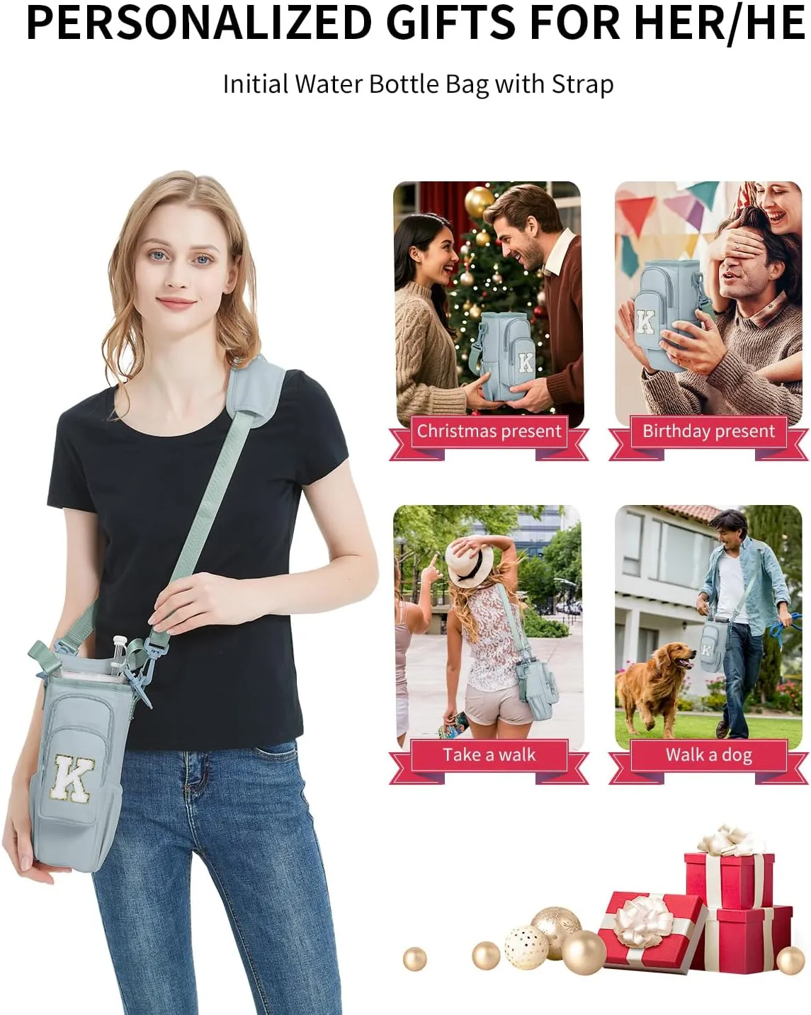 sportsnew Birthday Gifts for Women Personalized Initial Water Bottle Holder with Strap fits Most 40oz Tumbler with Handle Water Bottle Carrier Bag with Phone Pocket & Straw Topper Tumbler Accessories