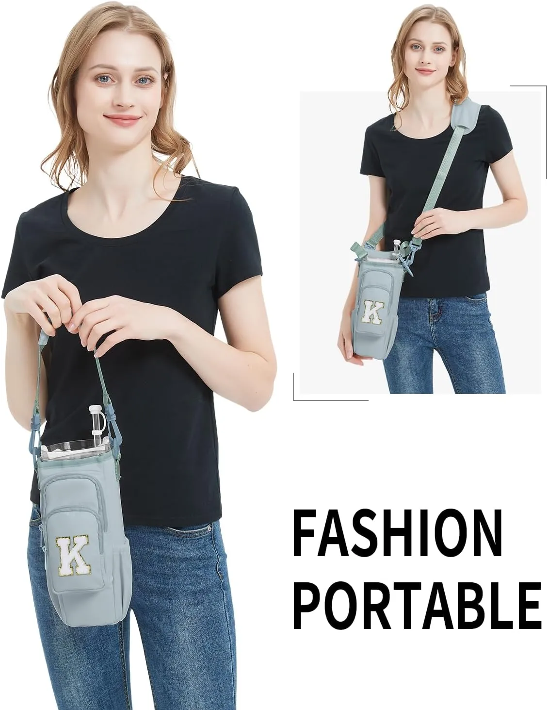 sportsnew Birthday Gifts for Women Personalized Initial Water Bottle Holder with Strap fits Most 40oz Tumbler with Handle Water Bottle Carrier Bag with Phone Pocket & Straw Topper Tumbler Accessories