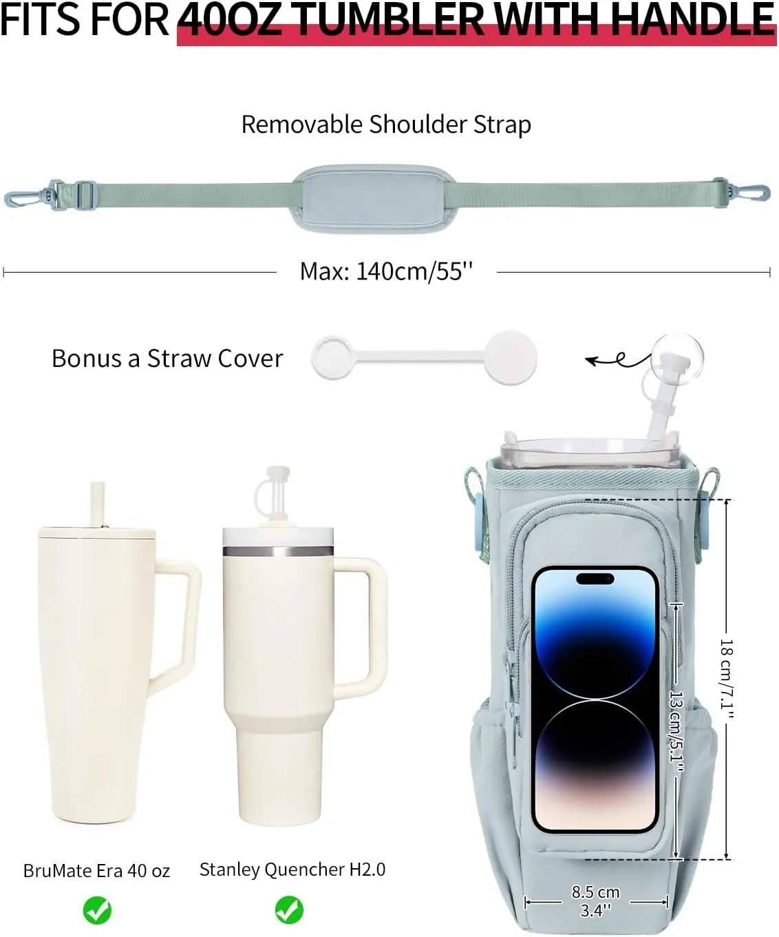 sportsnew Birthday Gifts for Women Personalized Initial Water Bottle Holder with Strap fits Most 40oz Tumbler with Handle Water Bottle Carrier Bag with Phone Pocket & Straw Topper Tumbler Accessories