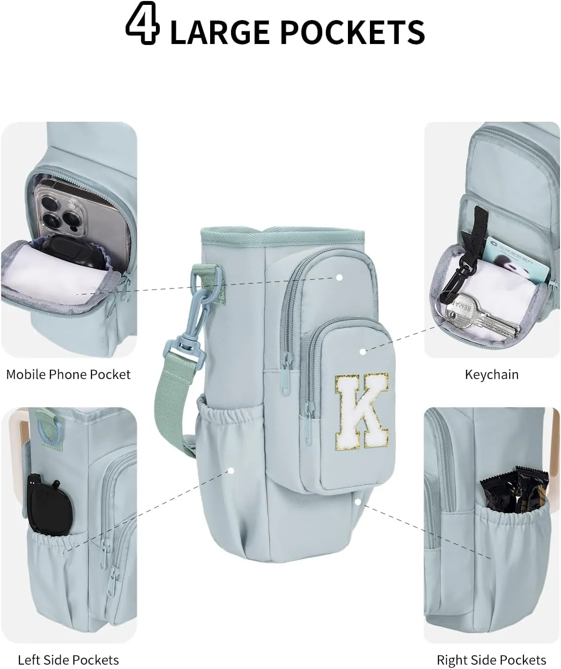 sportsnew Birthday Gifts for Women Personalized Initial Water Bottle Holder with Strap fits Most 40oz Tumbler with Handle Water Bottle Carrier Bag with Phone Pocket & Straw Topper Tumbler Accessories