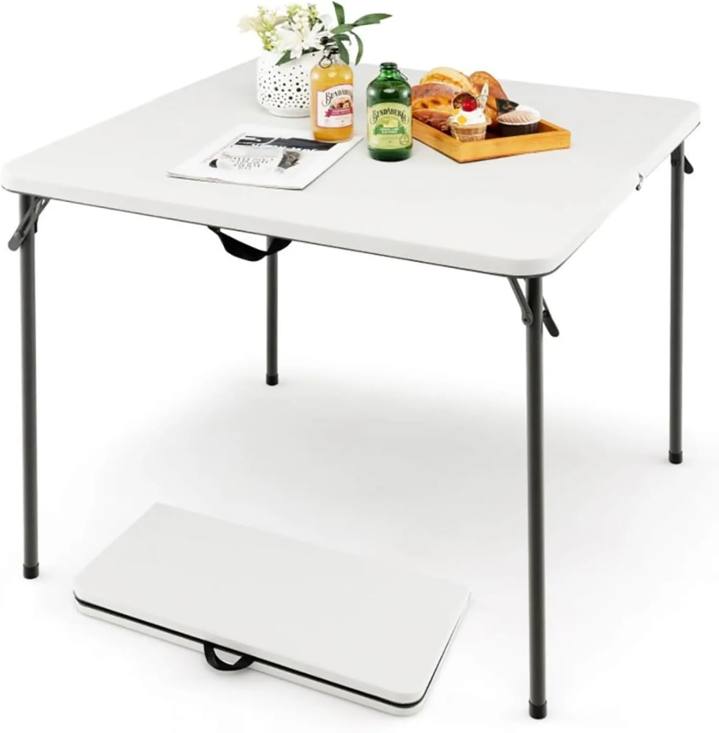 Square Folding Camping Table, Portable Heavy Duty HDPE Foldable Table with Carrying Handle, Rustproof Steel Frame for Picnic, Camping, Party, BBQ, White
