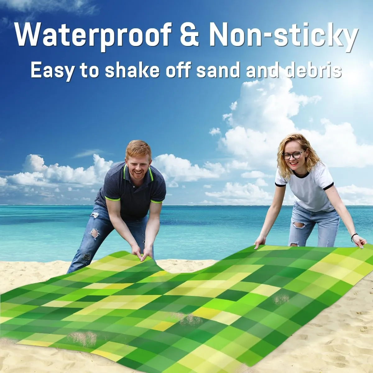 St Patricks Day Beach Blanket, Sandproof Beach Mat, Adults Waterproof Quick Drying Sand Free Mat with 4 x Ground Spikes for Outdoor Travel Camping Hiking, Green Shamrock Plaid