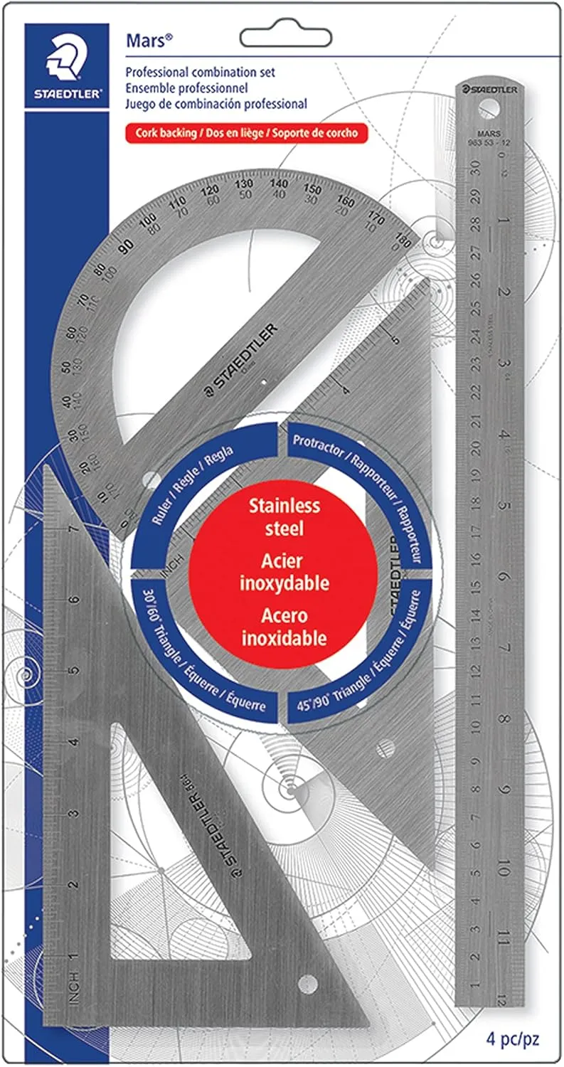 Staedtler Stainless Steel Math Set with Ruler, 2 Triangles, Protractor, 4 piece, 566 32BK