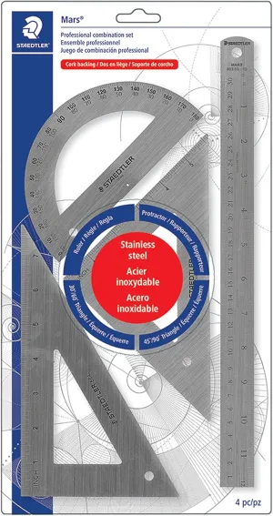 Staedtler Stainless Steel Math Set with Ruler, 2 Triangles, Protractor, 4 piece, 566 32BK