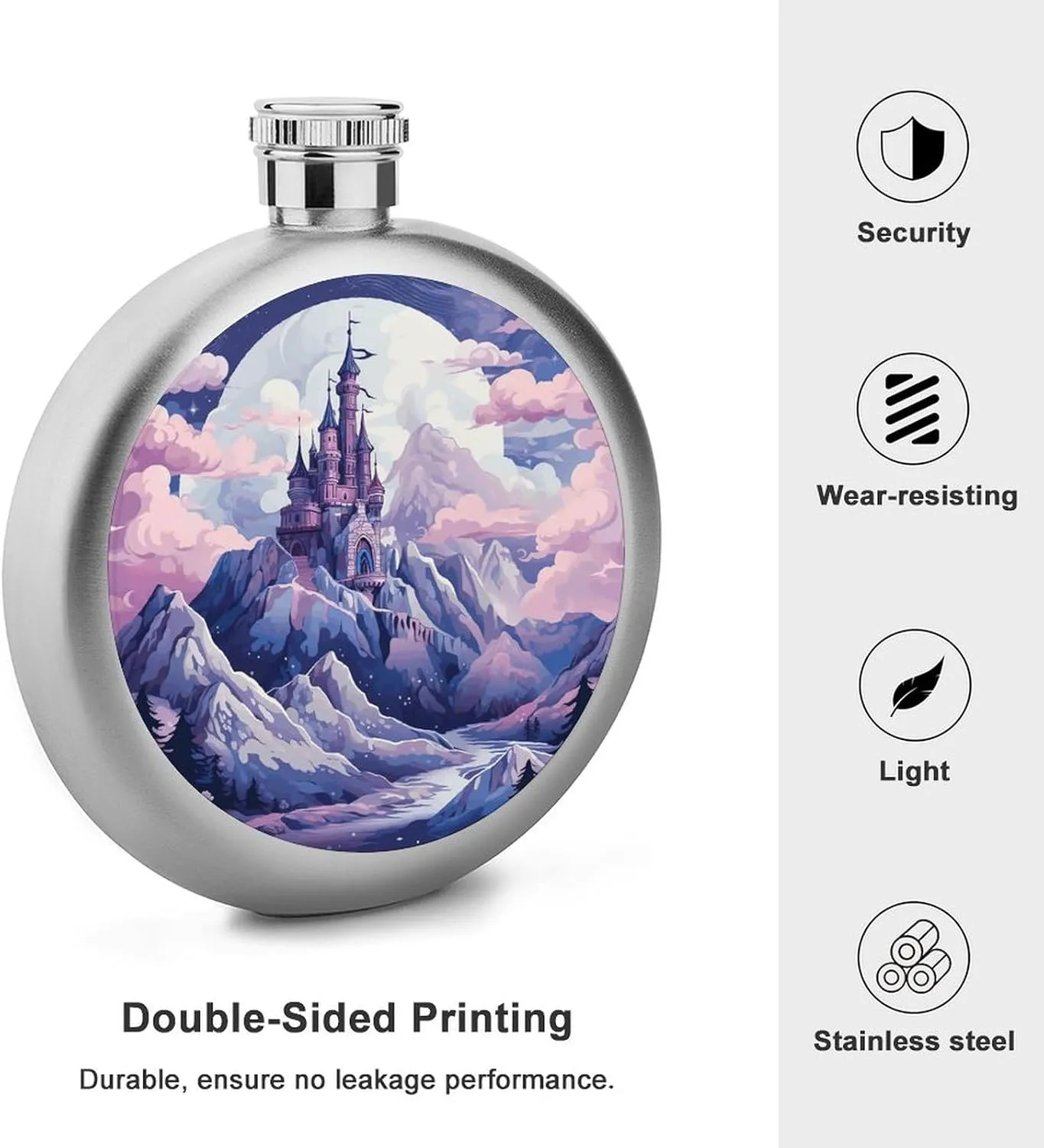 Stainless Steel Wine Bottle Liquor Container Clouds over The Castle Print Leak Proof Hip Flask Durable for Camping Hiking Travel Festivals