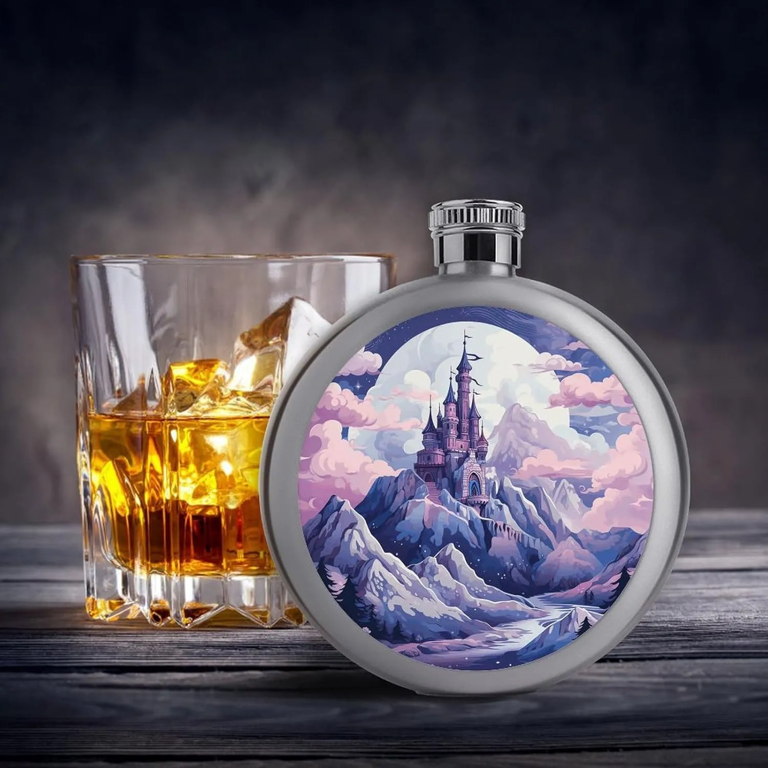 Stainless Steel Wine Bottle Liquor Container Clouds over The Castle Print Leak Proof Hip Flask Durable for Camping Hiking Travel Festivals