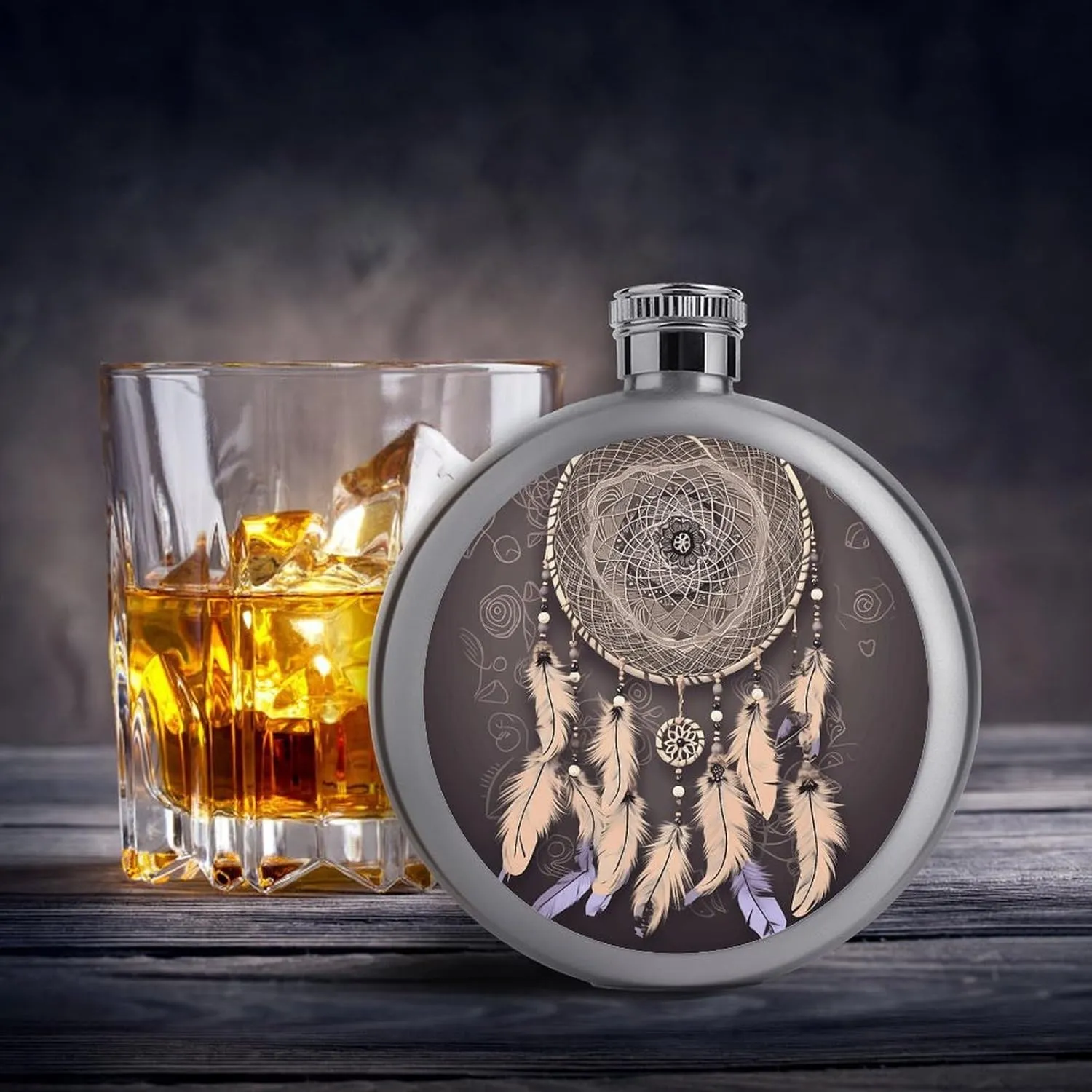 Stainless Steel Wine Bottle Liquor Container Dream Catcher Print Leak Proof Hip Flask Durable for Camping Hiking Travel Festivals