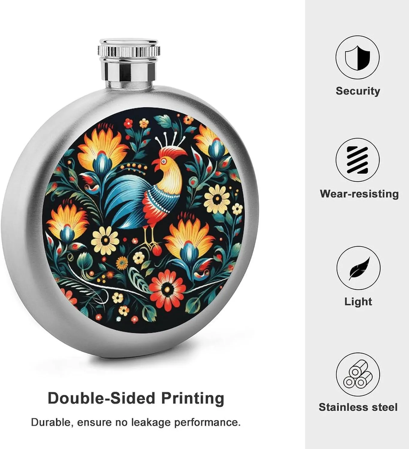 Stainless Steel Wine Bottle Liquor Container Polish Folk Art Pattern Print Leak Proof Hip Flask Durable for Camping Hiking Travel Festivals