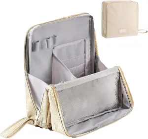 Standing Makeup Bag Portable, Large Capacity, Doresty Makeup Bag, Waterproof Multipurpose Stand up Toiletry Bags Stationery Organizer, Toiletry Bags with Compartments for Traveling (Beige)