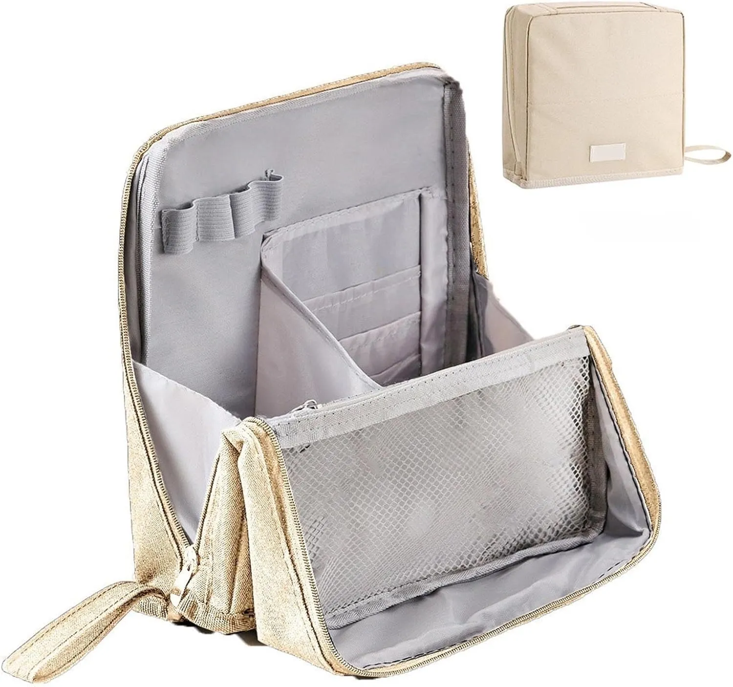 Standing Makeup Bag Portable, Large Capacity, Doresty Makeup Bag, Waterproof Multipurpose Stand up Toiletry Bags Stationery Organizer, Toiletry Bags with Compartments for Traveling (Beige)