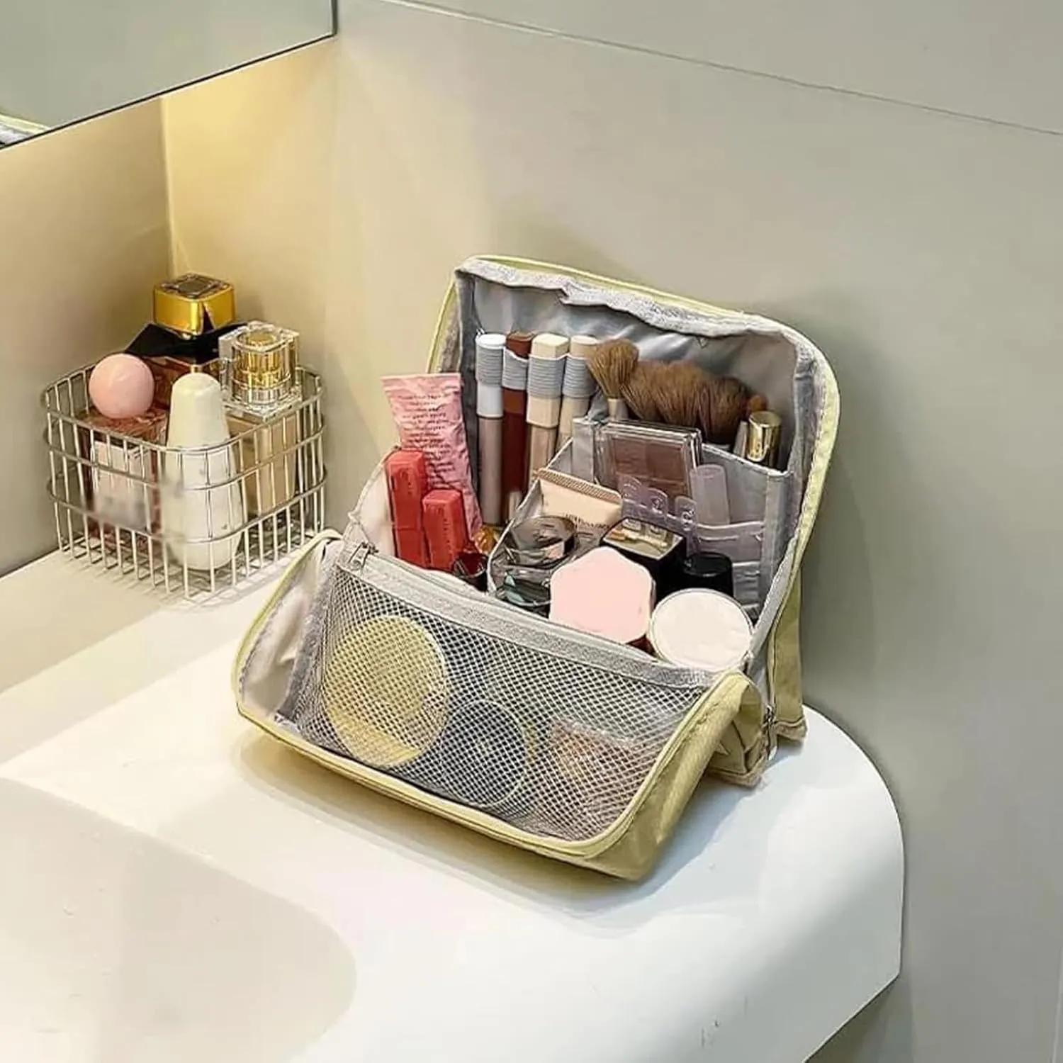 Standing Makeup Bag Portable, Large Capacity, Doresty Makeup Bag, Waterproof Multipurpose Stand up Toiletry Bags Stationery Organizer, Toiletry Bags with Compartments for Traveling (Blue)