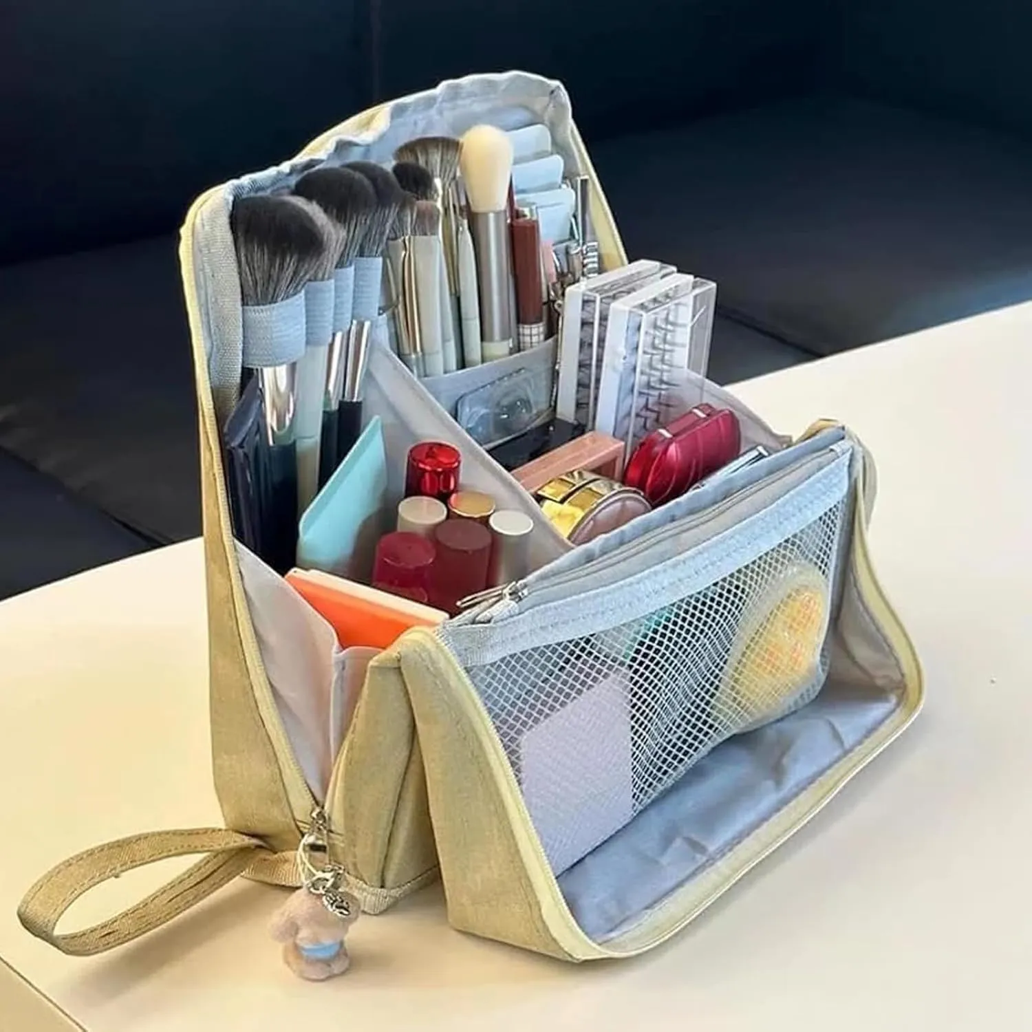 Standing Makeup Bag Portable, Large Capacity, Doresty Makeup Bag, Waterproof Multipurpose Stand up Toiletry Bags Stationery Organizer, Toiletry Bags with Compartments for Traveling (Blue)