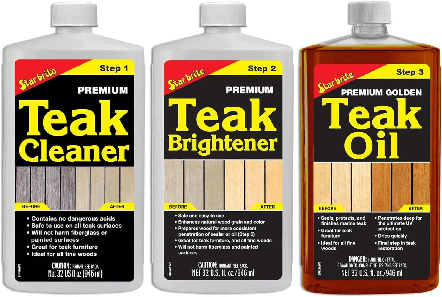 STAR BRITE Premium Teak Care Kit - Marine Grade Teak Cleaner, Brightener & Golden Teak Oil - Ideal for Boats, Decks, Patio & Fine Wood Furniture - Renew, Refinish & Protect (081202)