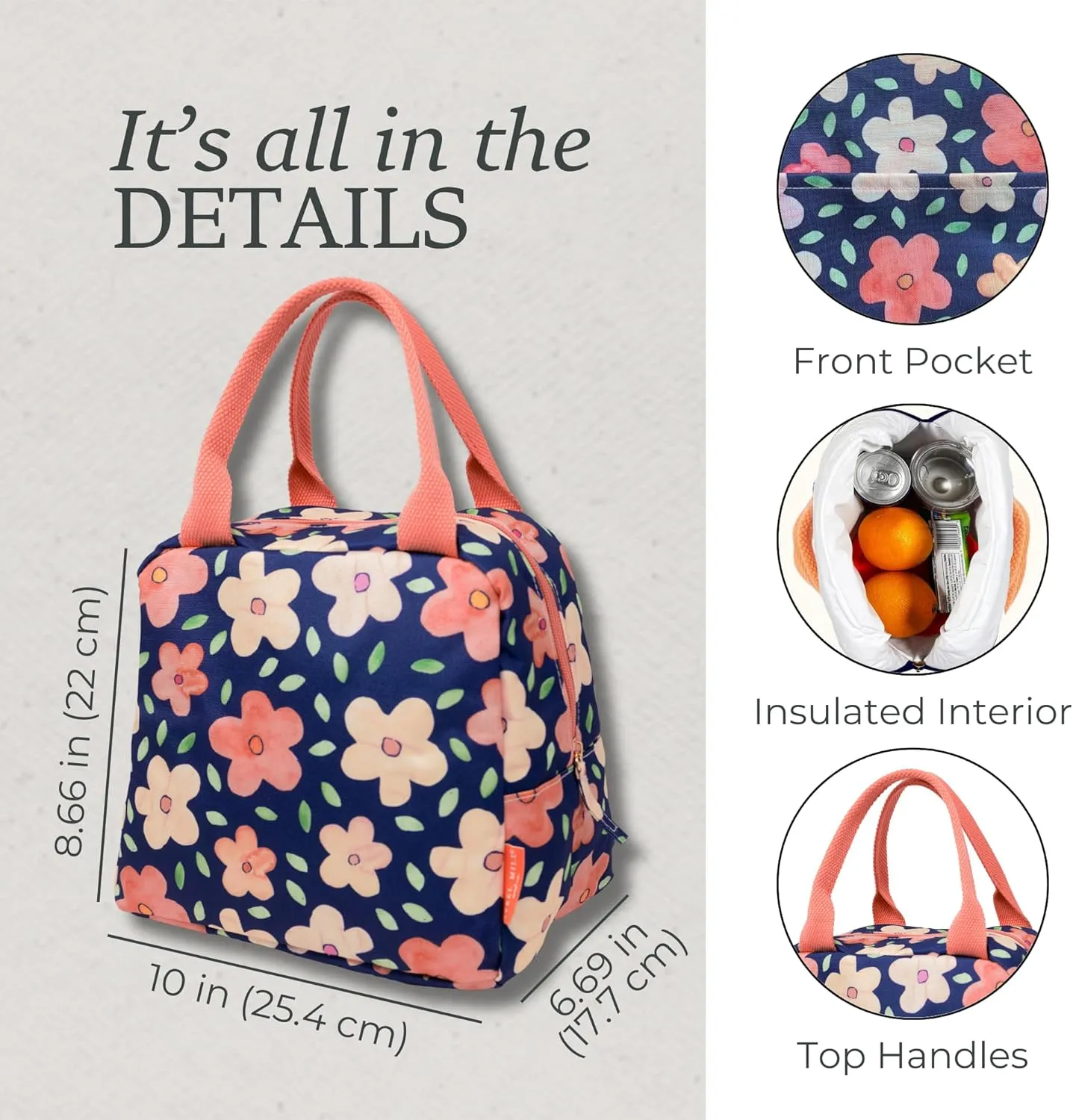 Steel Mill & Co Insulated Lunch Tote Bag for Women, Large Capacity Cooler Lunch Box, Cute Lunch Bag for Adults, Mini Cooler with Zipper Closure, Pockets, and Sturdy Handles (Navy Bold Floral)