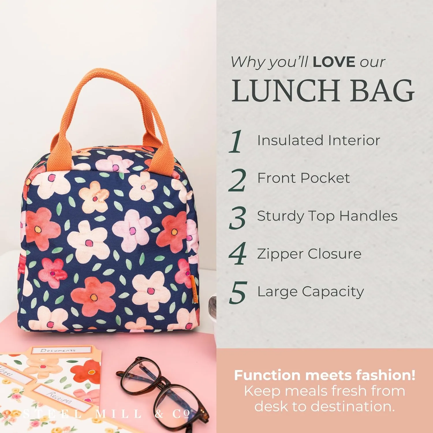 Steel Mill & Co Insulated Lunch Tote Bag for Women, Large Capacity Cooler Lunch Box, Cute Lunch Bag for Adults, Mini Cooler with Zipper Closure, Pockets, and Sturdy Handles (Navy Bold Floral)